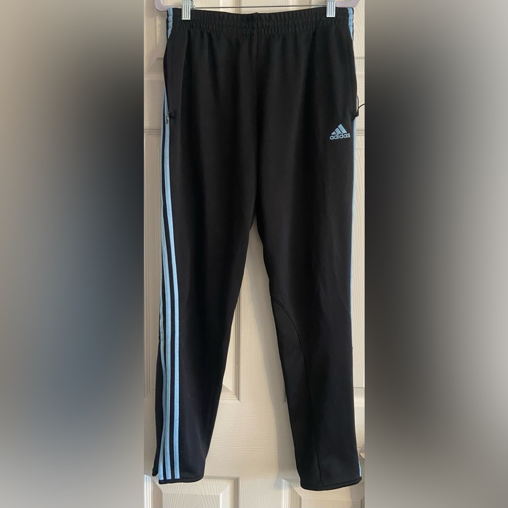 Adidas Black W/ Blue Trio Stripe Pull On Track Style Pants, Size Large